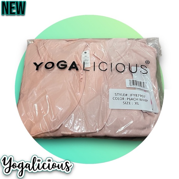 New NWT YOGALICIOUS Terry Brushed Crop Hoodie Peach Whip - Picture 5 of 5